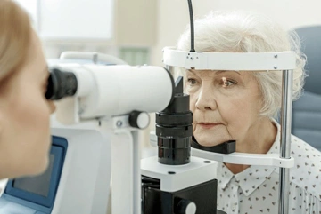 An elderly woman having her eyes examined using an ophthalmic device in a medical setting.